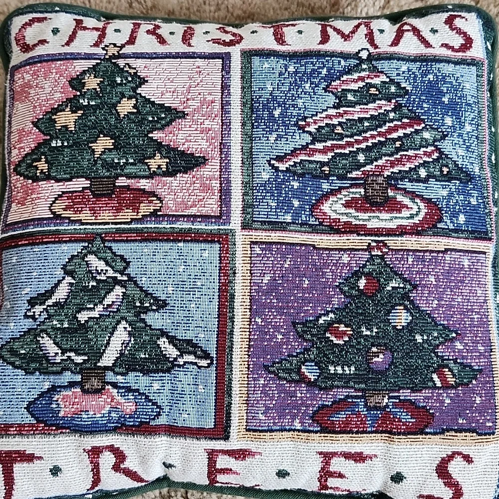 Vintage Festive Christmas Trees Decorative Pillow Needle point Tapestry